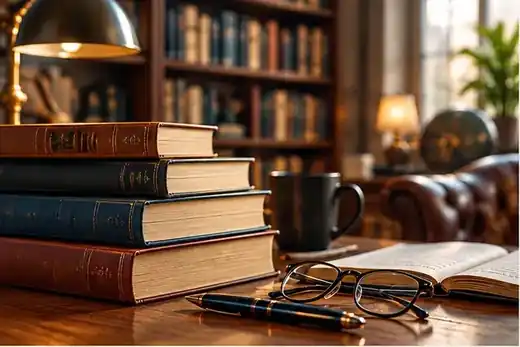 Books and notebook in a warm library